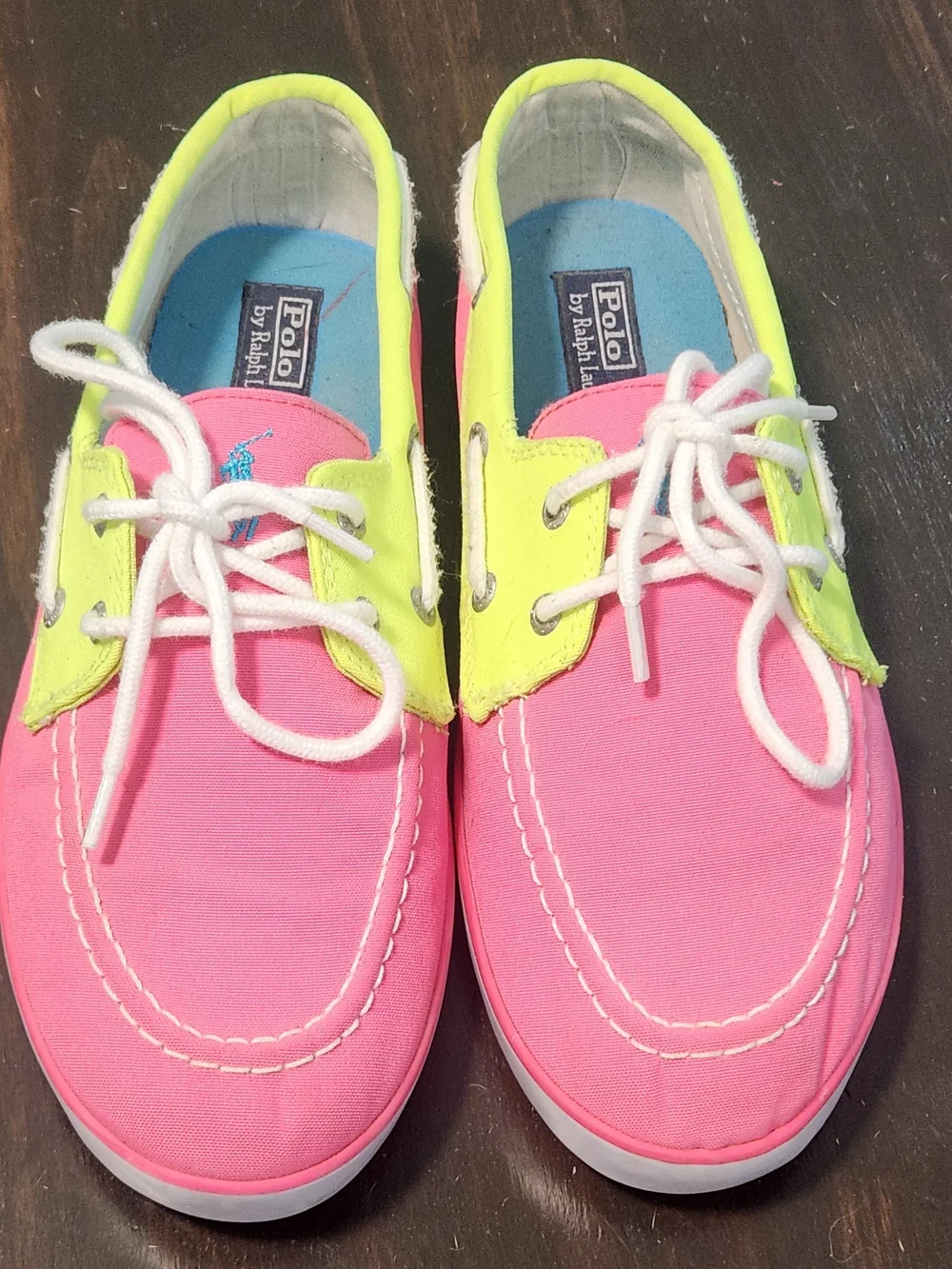 Polo Ralph Lauren Men Sander Canvas Deck Boat Shoes Neon Pink /Yellow US7/EU40